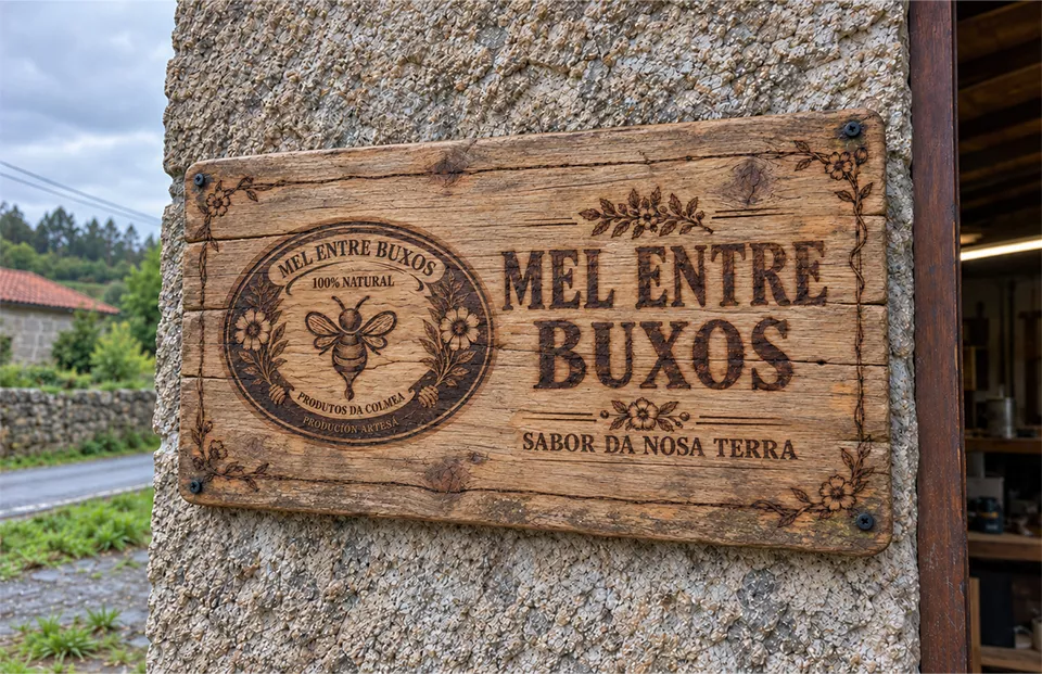 Identidad de Mel Entre Buxos con abeja y motivos florales