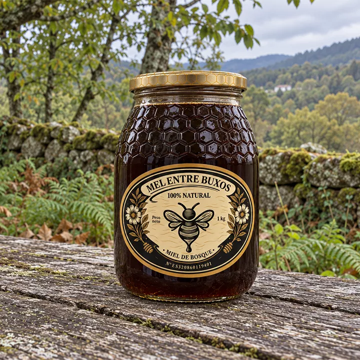 Tarro de miel de bosque Mel Entre Buxos con su etiqueta